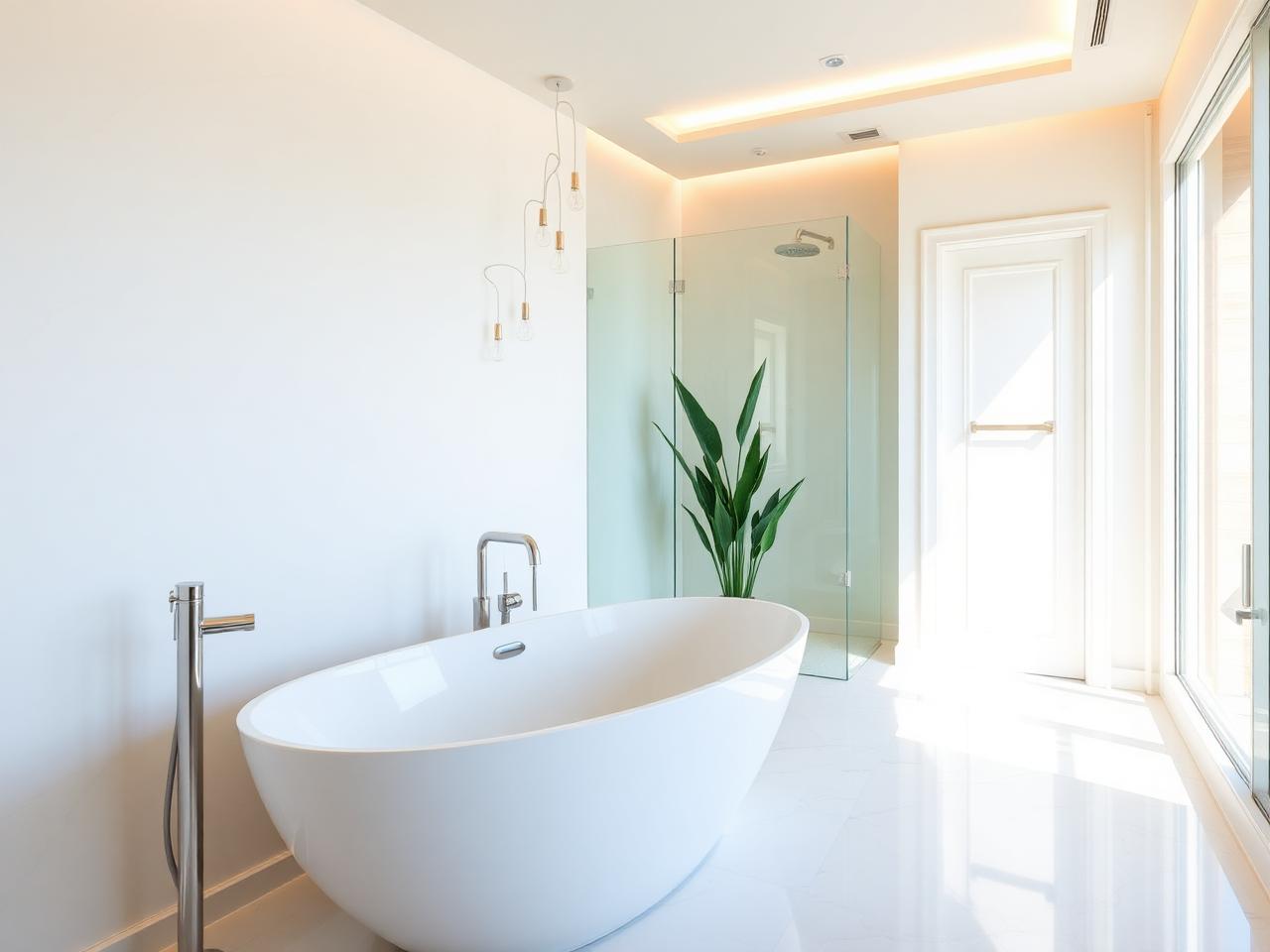 Modern bathroom with new tub and fixture plumbing